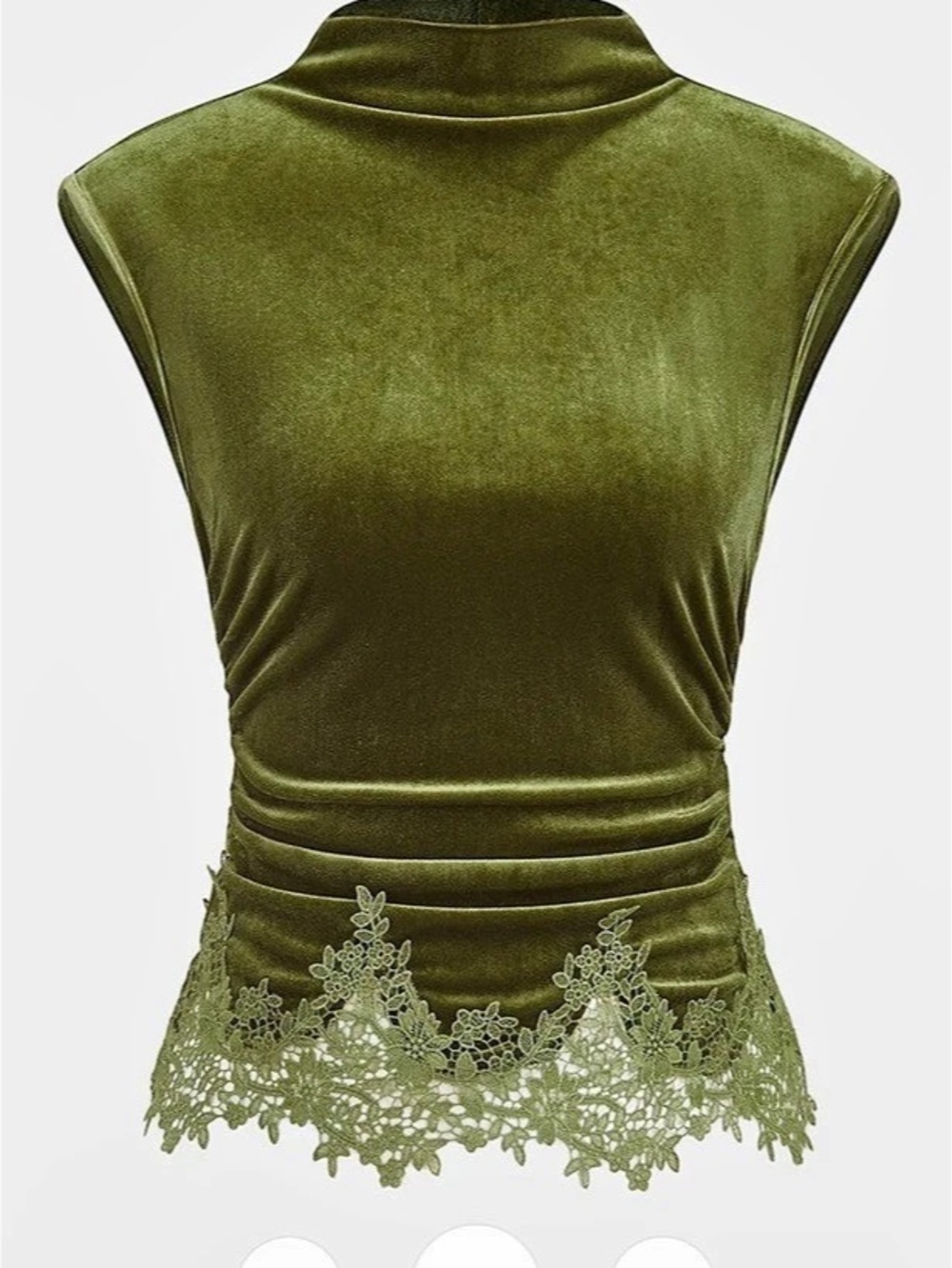 Commense Lace Hem Ruched Velvet Sleeveless Top Green